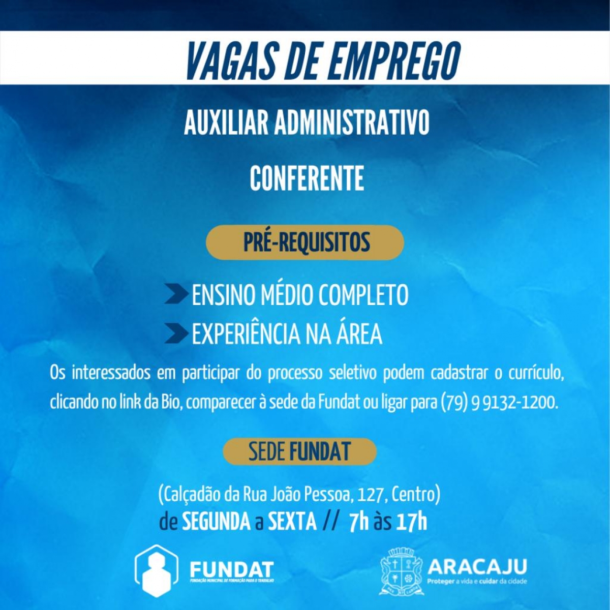 Fundat anuncia vaga de emprego para digitador (a) - Prefeitura de Aracaju