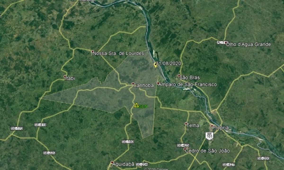 Mapa da localização do terremoto no interior de Sergipe (Foto: Labsis)