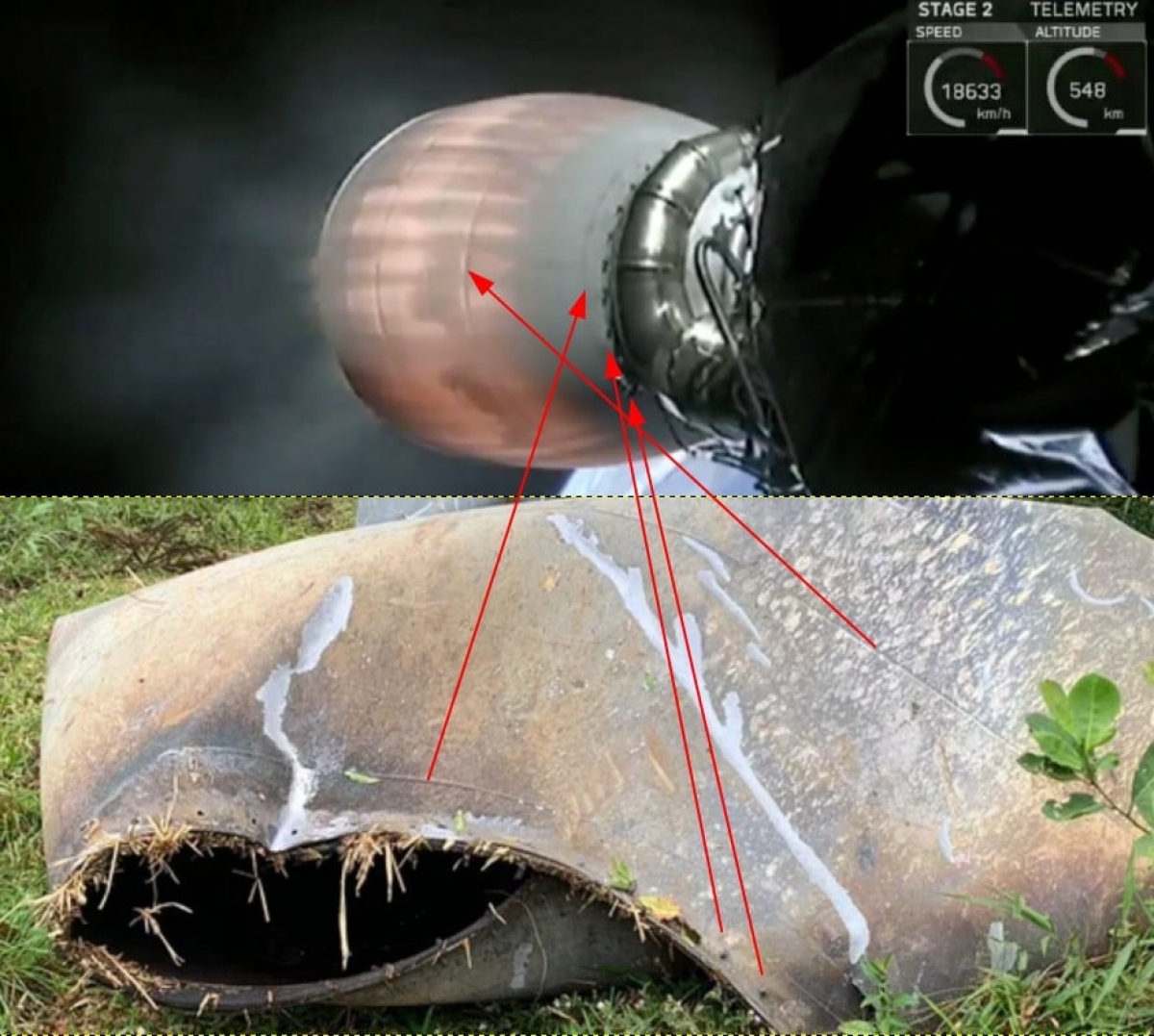 Semelhança entre a tubeira do segundo estágio do Falcon 9 (acima) e o objeto encontrado em São Mateus do Sul (abaixo) - Imagem: Jocimar Justino/ BRAMON