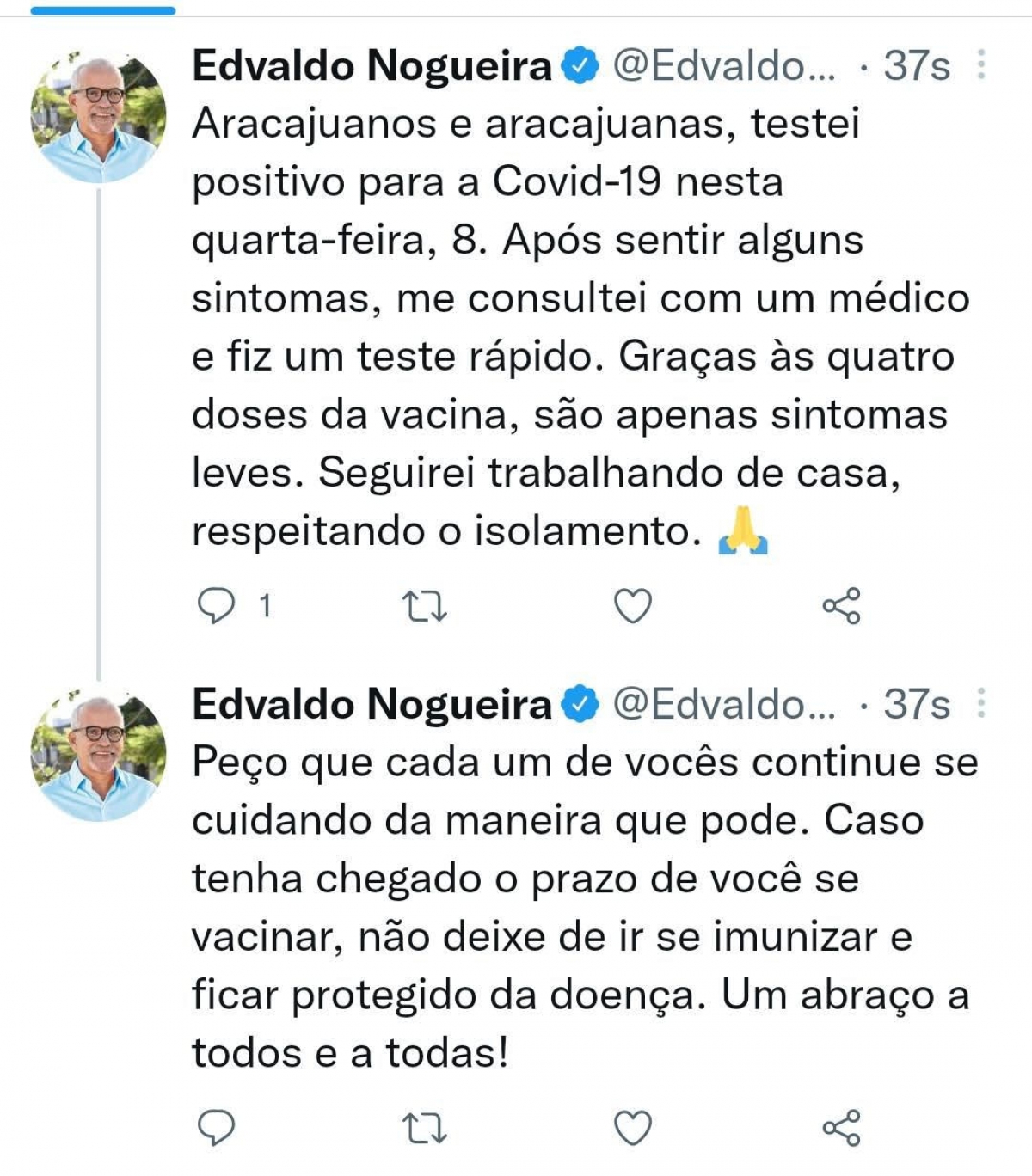 Prefeito Edvaldo Nogueira testa positivo para o coronavírus - Imagem: Reprodução
