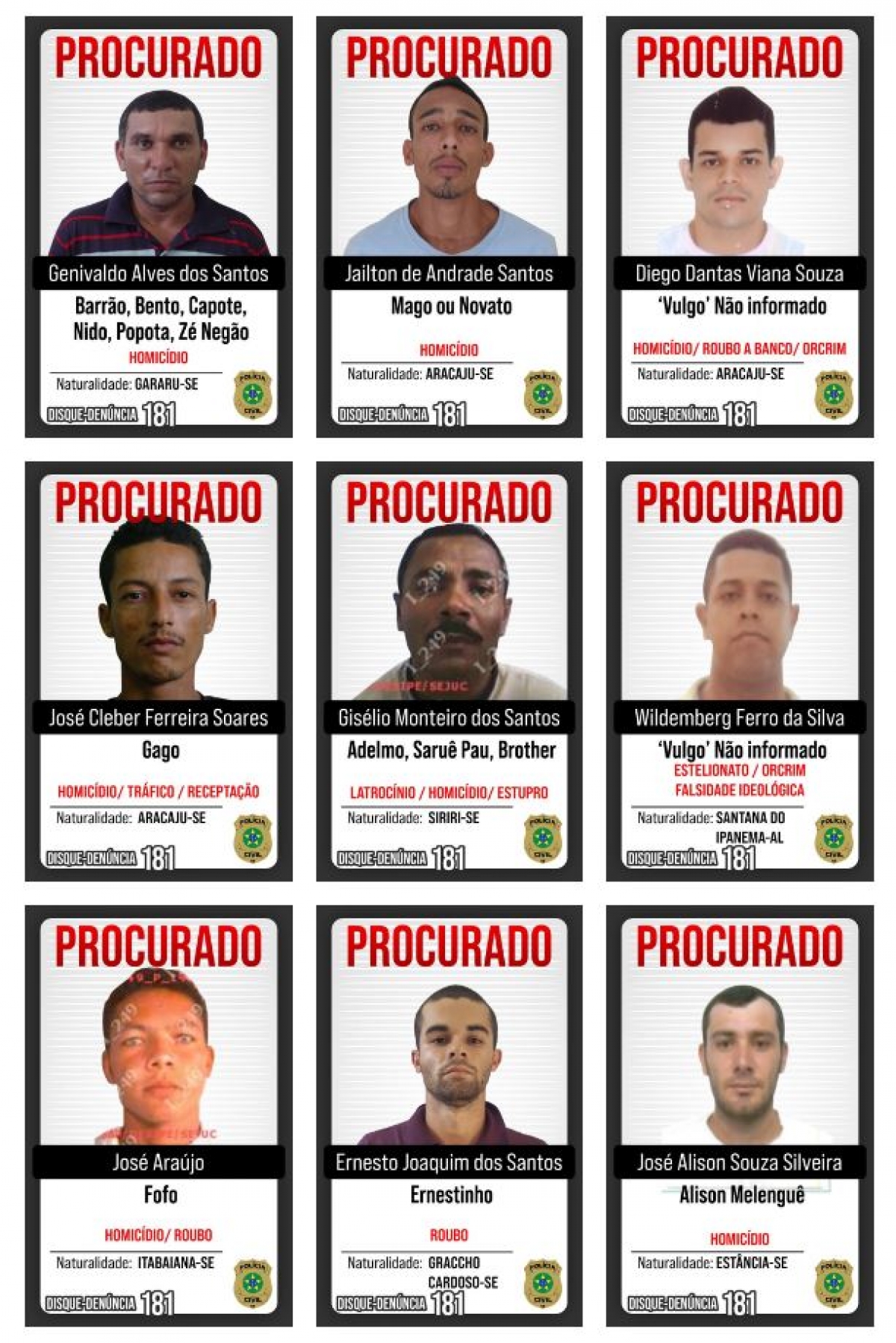 Procura-SE: Veja quem são os foragidos mais procurados de Sergipe - Imagem: SSP/SE